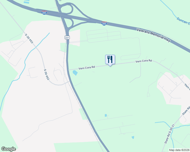 map of restaurants, bars, coffee shops, grocery stores, and more near 1181 Vern Cora Road in Laurens