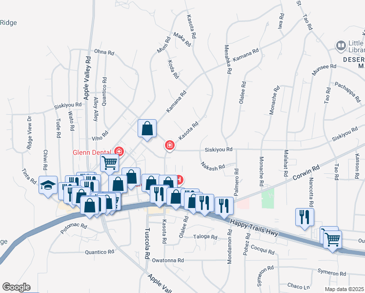map of restaurants, bars, coffee shops, grocery stores, and more near 18270 Siskiyou Road in Apple Valley