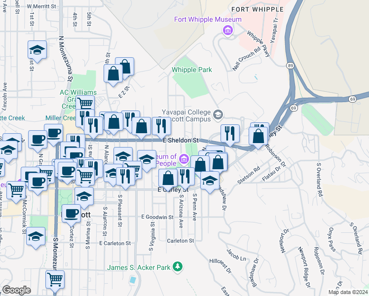 map of restaurants, bars, coffee shops, grocery stores, and more near 234 North Arizona Avenue in Prescott