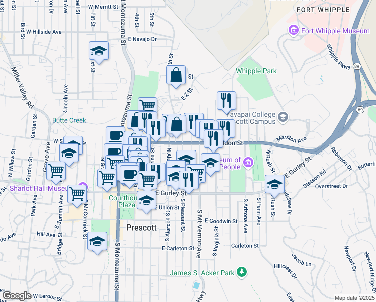 map of restaurants, bars, coffee shops, grocery stores, and more near 235 North Pleasant Street in Prescott