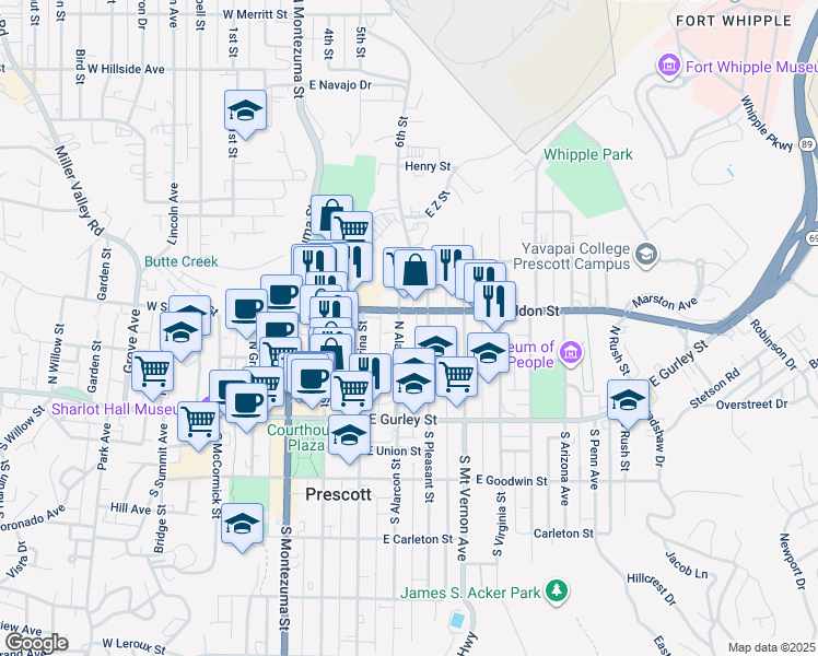 map of restaurants, bars, coffee shops, grocery stores, and more near 233 North Alarcon Street in Prescott