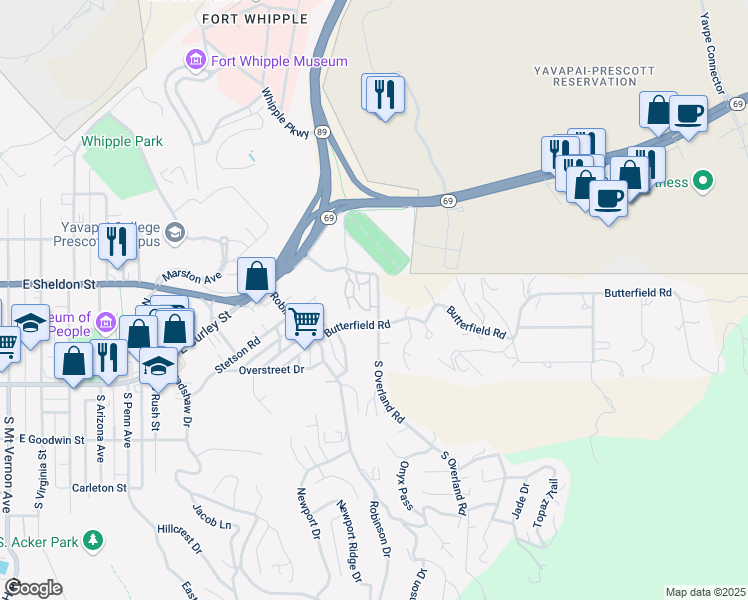 map of restaurants, bars, coffee shops, grocery stores, and more near 202 Cactus Drive in Prescott