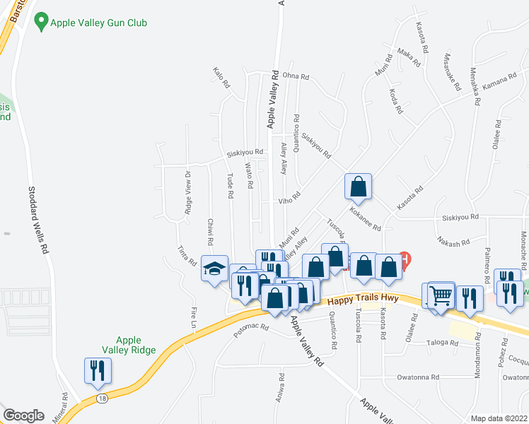 map of restaurants, bars, coffee shops, grocery stores, and more near 16131 Maricopa Lane in Apple Valley