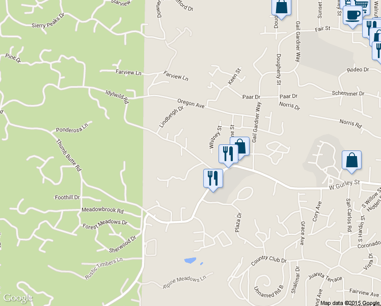 map of restaurants, bars, coffee shops, grocery stores, and more near 1604 Idylwild Road in Prescott