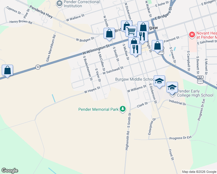 map of restaurants, bars, coffee shops, grocery stores, and more near 601 West Hayes Street in Burgaw