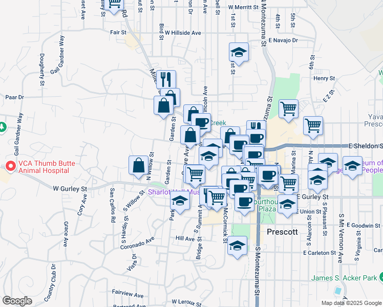 map of restaurants, bars, coffee shops, grocery stores, and more near 219 Grove Avenue in Prescott