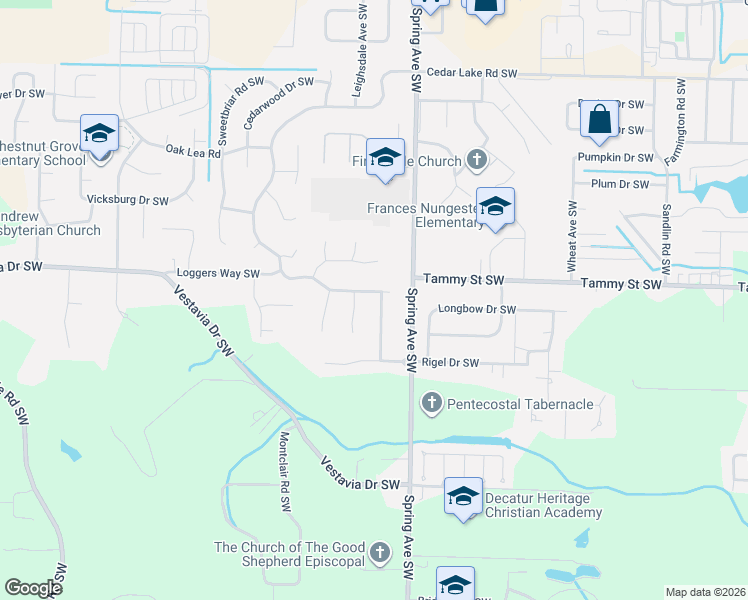 map of restaurants, bars, coffee shops, grocery stores, and more near 3402 Timber Way Southwest in Decatur