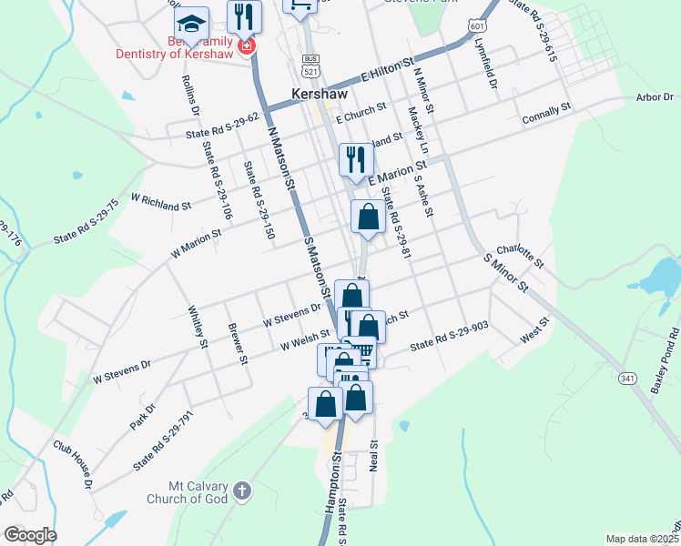 map of restaurants, bars, coffee shops, grocery stores, and more near 207 West Pine Street in Kershaw