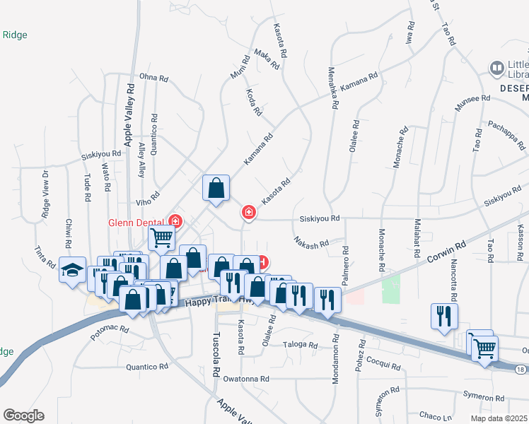 map of restaurants, bars, coffee shops, grocery stores, and more near 18270 Siskiyou Road in Apple Valley