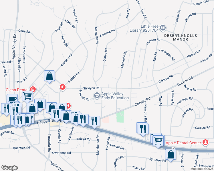 map of restaurants, bars, coffee shops, grocery stores, and more near 18540 Siskiyou Road in Apple Valley