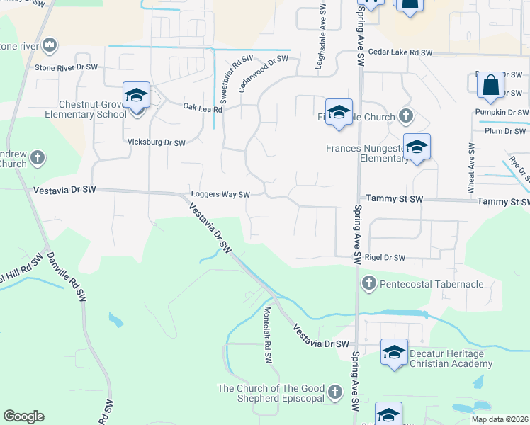 map of restaurants, bars, coffee shops, grocery stores, and more near 1206 Timberland Drive Southwest in Decatur