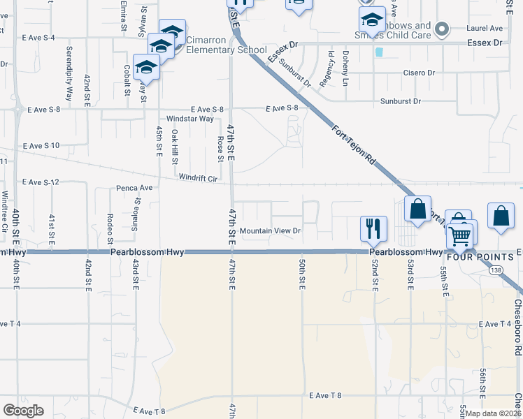 map of restaurants, bars, coffee shops, grocery stores, and more near 36525 Springsong Way in Palmdale