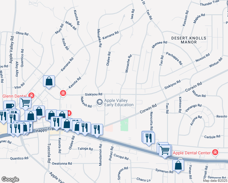map of restaurants, bars, coffee shops, grocery stores, and more near 18540 Siskiyou Road in Apple Valley