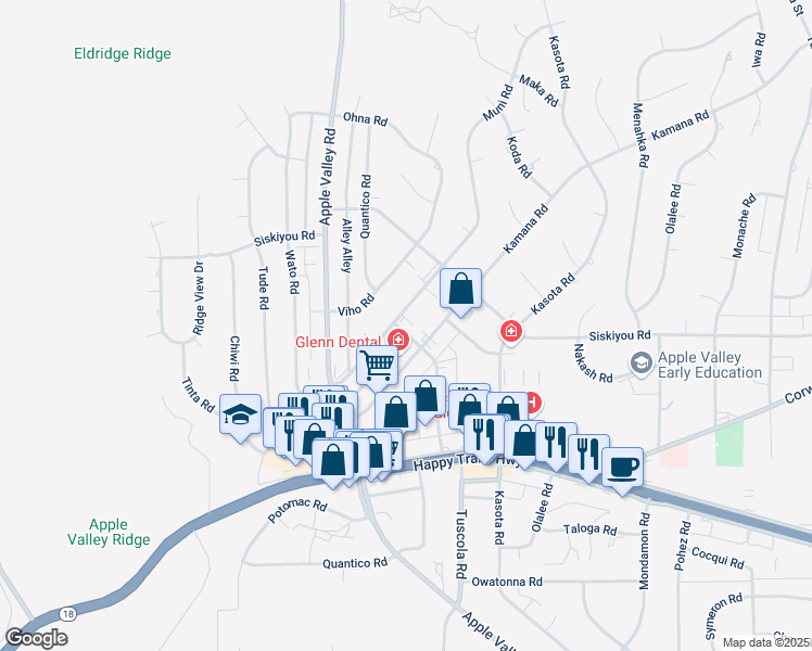 map of restaurants, bars, coffee shops, grocery stores, and more near 16191 Muni Road in Apple Valley