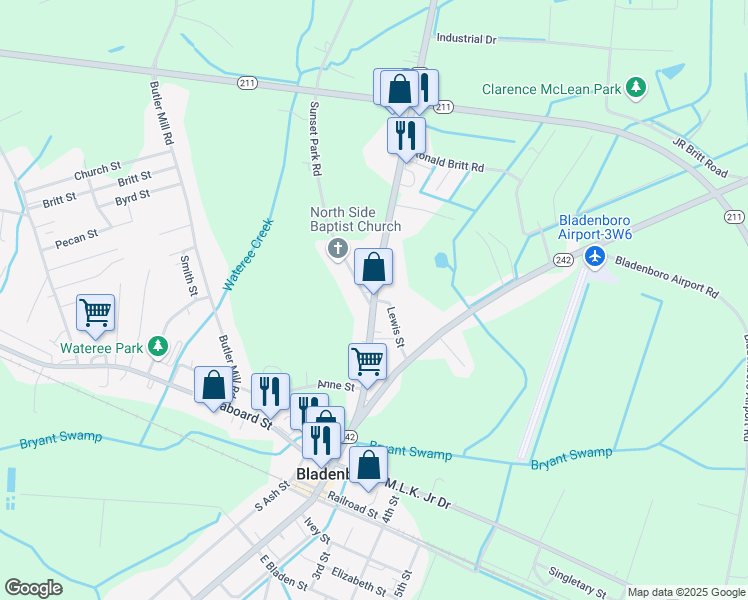 map of restaurants, bars, coffee shops, grocery stores, and more near North Carolina 131 Highway in Bladenboro