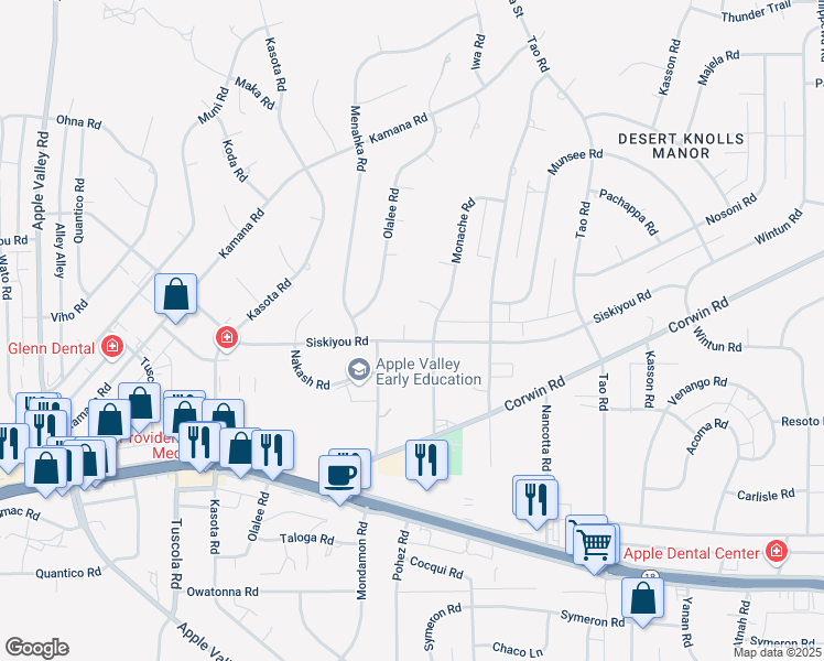 map of restaurants, bars, coffee shops, grocery stores, and more near 18540 Siskiyou Road in Apple Valley