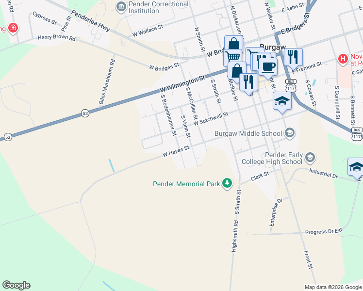 map of restaurants, bars, coffee shops, grocery stores, and more near 706 West Hayes Street in Burgaw