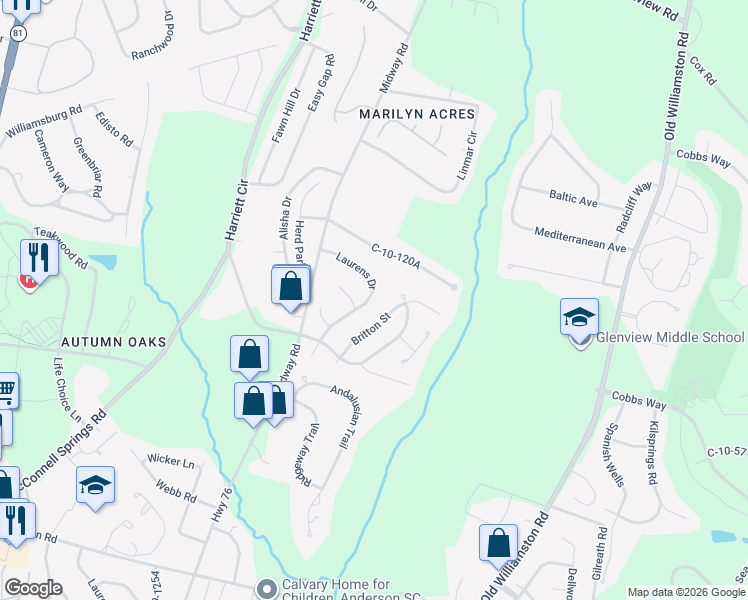 map of restaurants, bars, coffee shops, grocery stores, and more near 602 Laurens Drive in Anderson