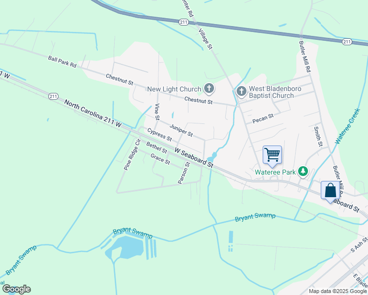 map of restaurants, bars, coffee shops, grocery stores, and more near 104 Mill Street in Bladenboro