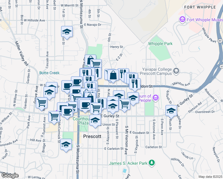 map of restaurants, bars, coffee shops, grocery stores, and more near 233 North Alarcon Street in Prescott