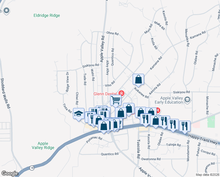 map of restaurants, bars, coffee shops, grocery stores, and more near 16185 Viho Road in Apple Valley