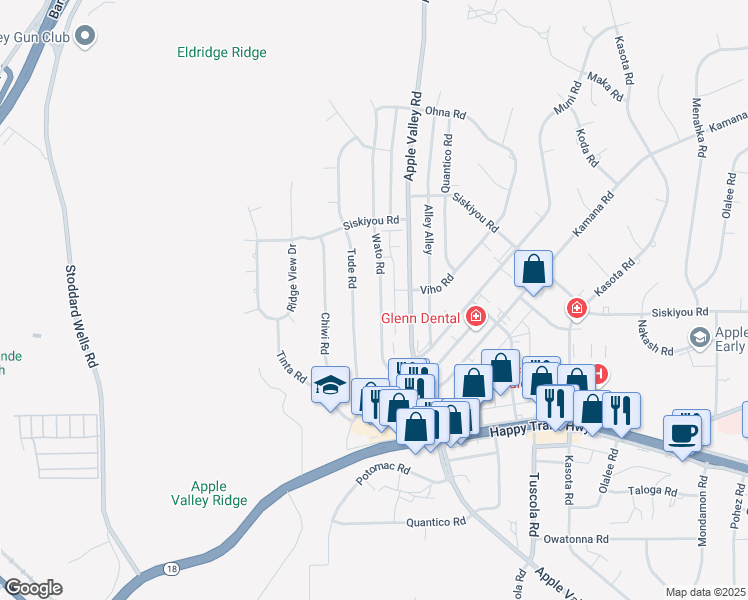 map of restaurants, bars, coffee shops, grocery stores, and more near 16158 Maricopa Lane in Apple Valley