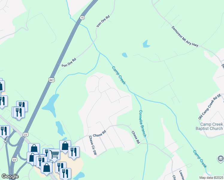 map of restaurants, bars, coffee shops, grocery stores, and more near 196 Camp Creek Circle in Cornelia