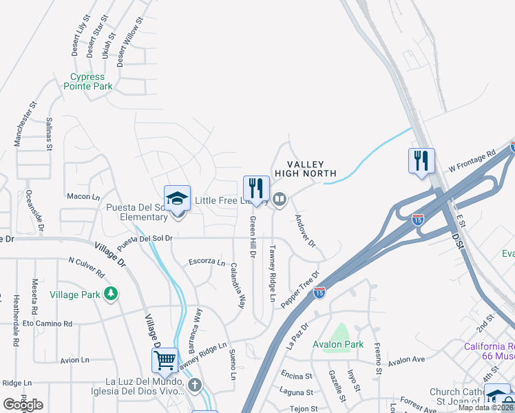 map of restaurants, bars, coffee shops, grocery stores, and more near 16183 Green Hill Drive in Victorville