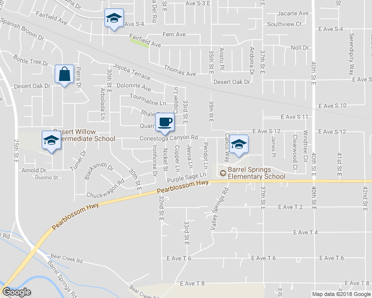 map of restaurants, bars, coffee shops, grocery stores, and more near 36529 Jenna Lane in Palmdale