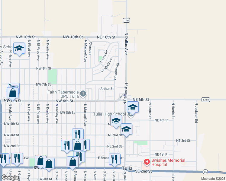 map of restaurants, bars, coffee shops, grocery stores, and more near 425 Farm to Market 1318 in Tulia