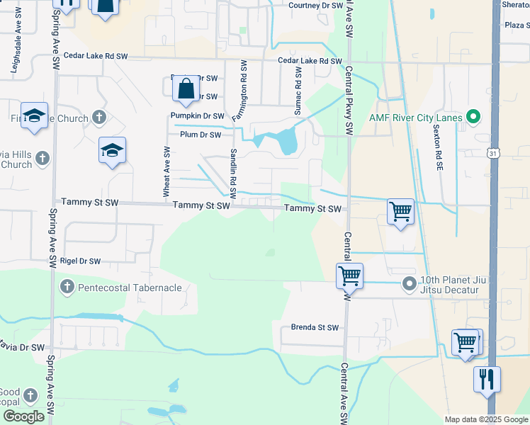 map of restaurants, bars, coffee shops, grocery stores, and more near 427 Tammy Street Southwest in Decatur