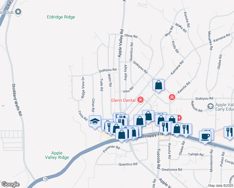 map of restaurants, bars, coffee shops, grocery stores, and more near 16149 Maricopa Lane in Apple Valley