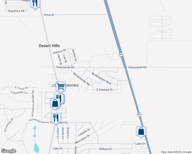 map of restaurants, bars, coffee shops, grocery stores, and more near 2280 Buckingham Blvd in Lake Havasu City