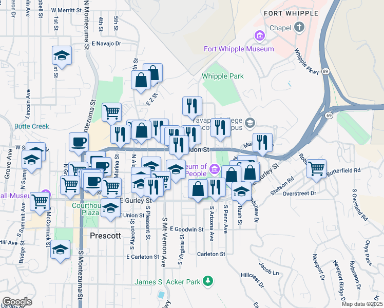 map of restaurants, bars, coffee shops, grocery stores, and more near 234 North Washington Avenue in Prescott