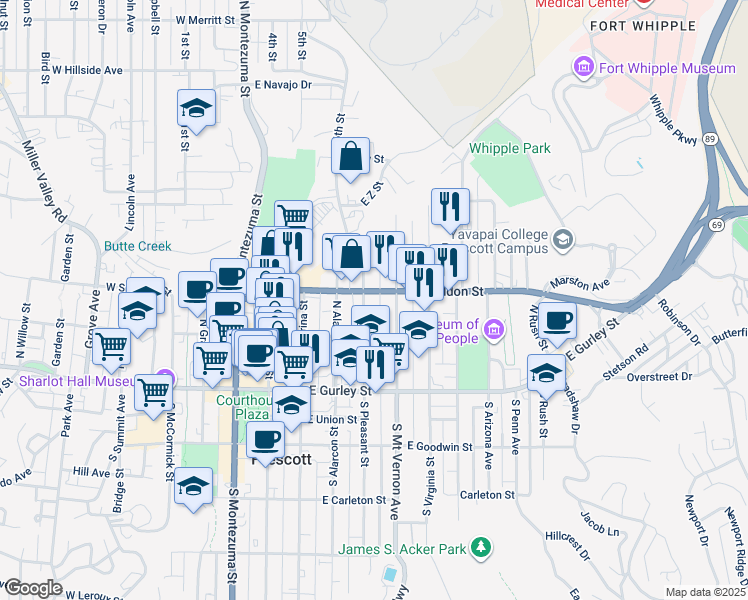 map of restaurants, bars, coffee shops, grocery stores, and more near 235 North Pleasant Street in Prescott