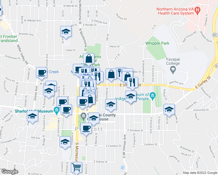 map of restaurants, bars, coffee shops, grocery stores, and more near 233 North Alarcon Street in Prescott