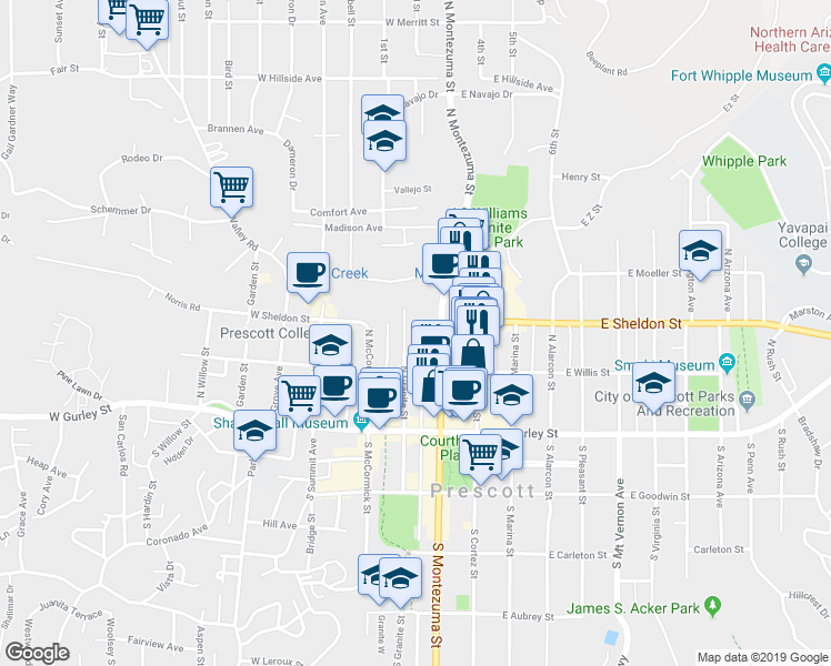 map of restaurants, bars, coffee shops, grocery stores, and more near 225 North Granite Street in Prescott