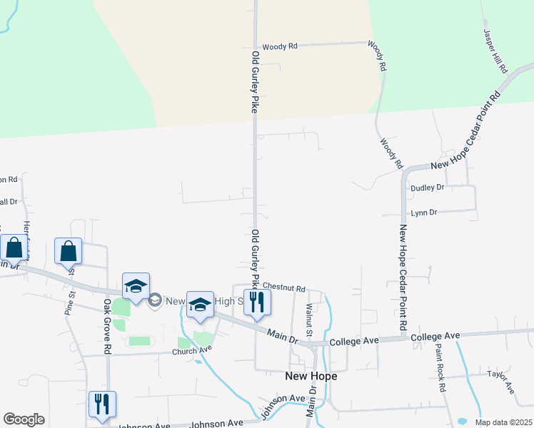 map of restaurants, bars, coffee shops, grocery stores, and more near 2307 Old Gurley Pike in New Hope