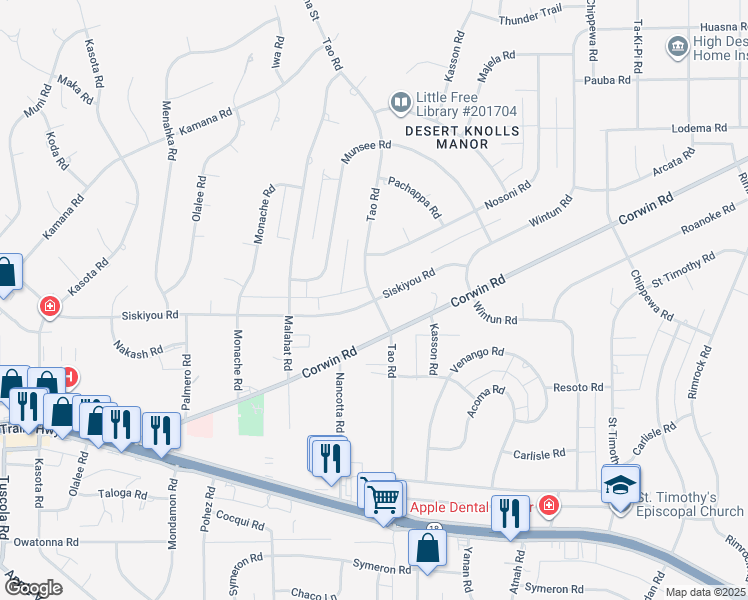 map of restaurants, bars, coffee shops, grocery stores, and more near Tao Road in Apple Valley