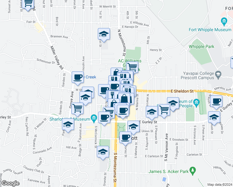 map of restaurants, bars, coffee shops, grocery stores, and more near State Highway 89 in Yavapai County