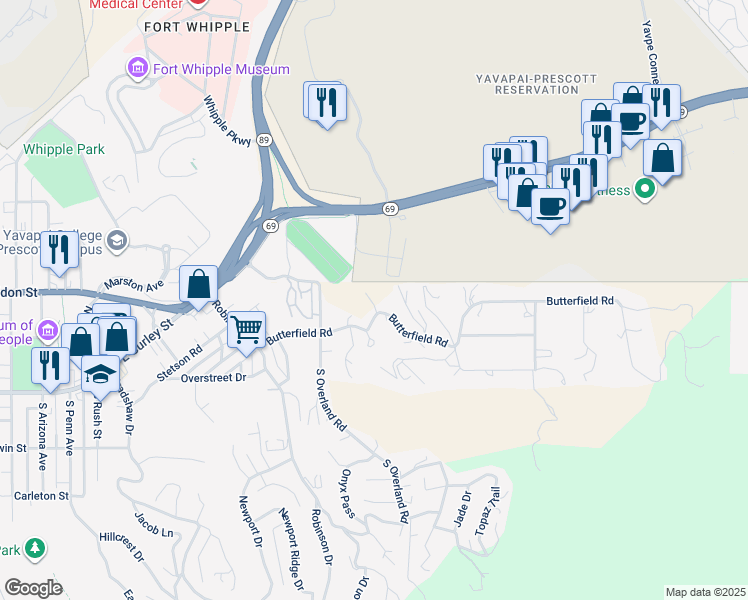 map of restaurants, bars, coffee shops, grocery stores, and more near 1412 Butterfield Road in Prescott