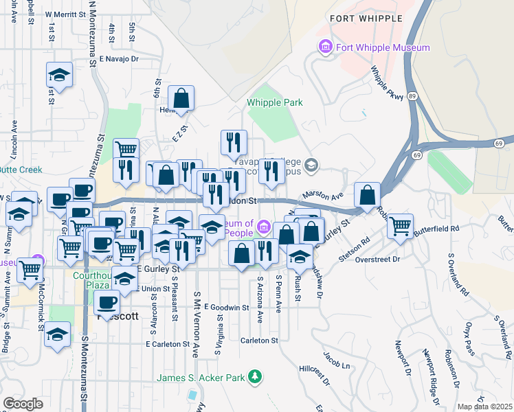 map of restaurants, bars, coffee shops, grocery stores, and more near 234 North Arizona Avenue in Prescott