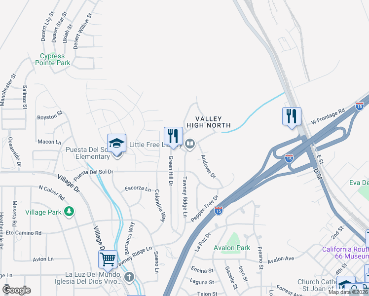 map of restaurants, bars, coffee shops, grocery stores, and more near 16183 Green Hill Drive in Victorville