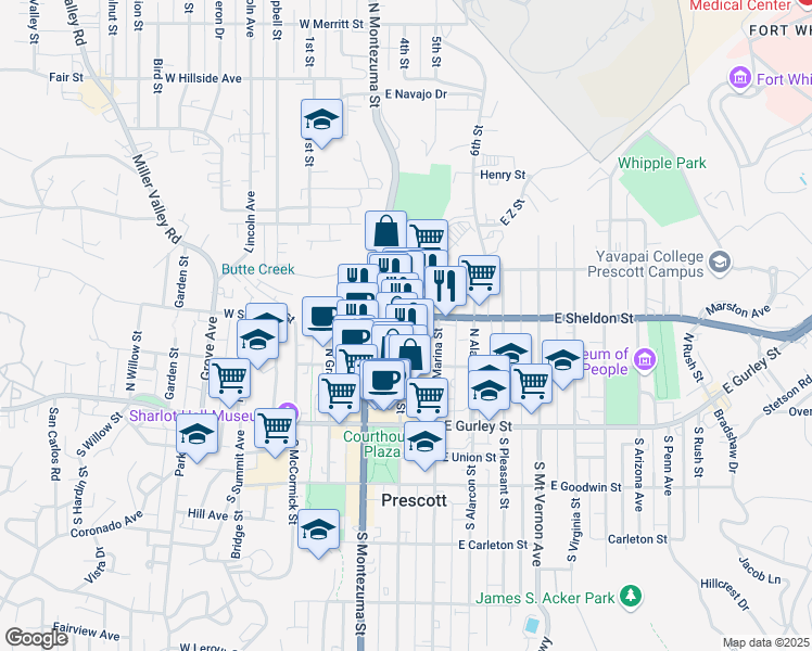 map of restaurants, bars, coffee shops, grocery stores, and more near 233 Cortez Street in Prescott