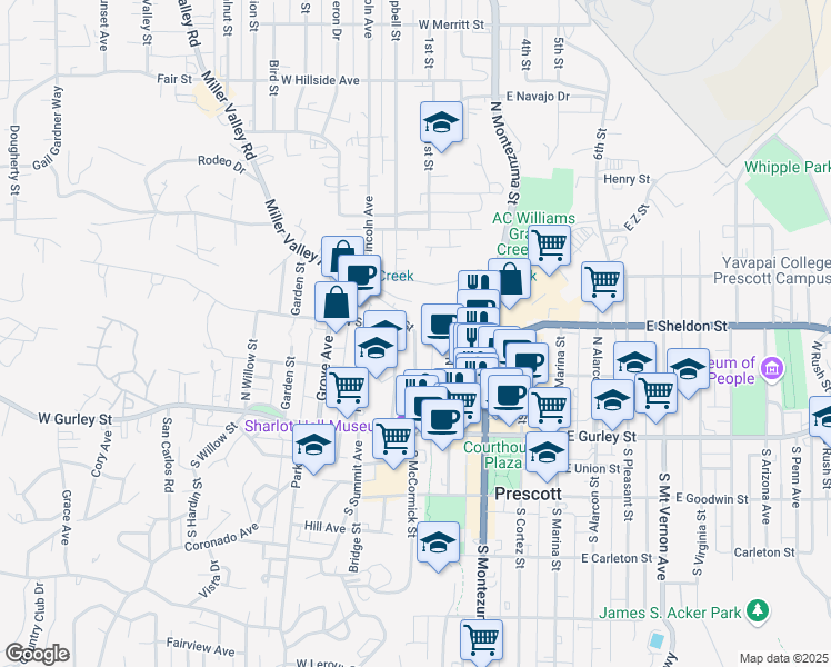 map of restaurants, bars, coffee shops, grocery stores, and more near 232 North McCormick Street in Prescott