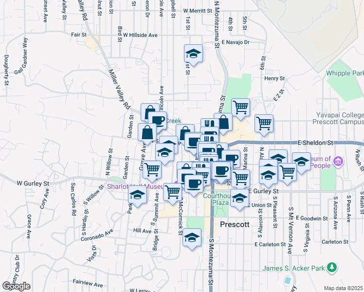 map of restaurants, bars, coffee shops, grocery stores, and more near 232 North McCormick Street in Prescott