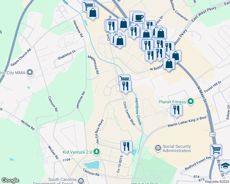 map of restaurants, bars, coffee shops, grocery stores, and more near 151 Civic Center Boulevard in Anderson