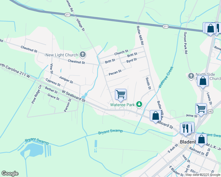 map of restaurants, bars, coffee shops, grocery stores, and more near 305 Village Street in Bladenboro