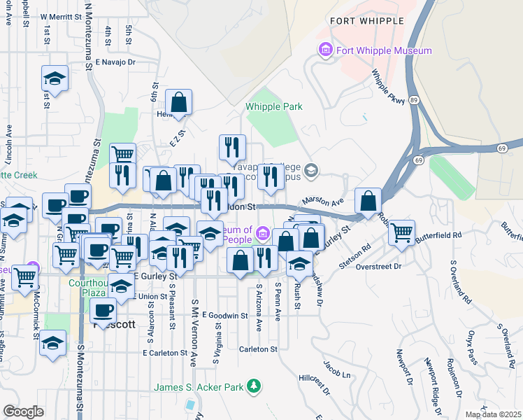 map of restaurants, bars, coffee shops, grocery stores, and more near 234 North Arizona Avenue in Prescott