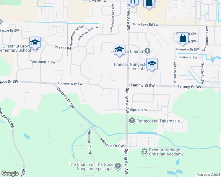 map of restaurants, bars, coffee shops, grocery stores, and more near 915 Way Thru The Woods Southwest in Decatur